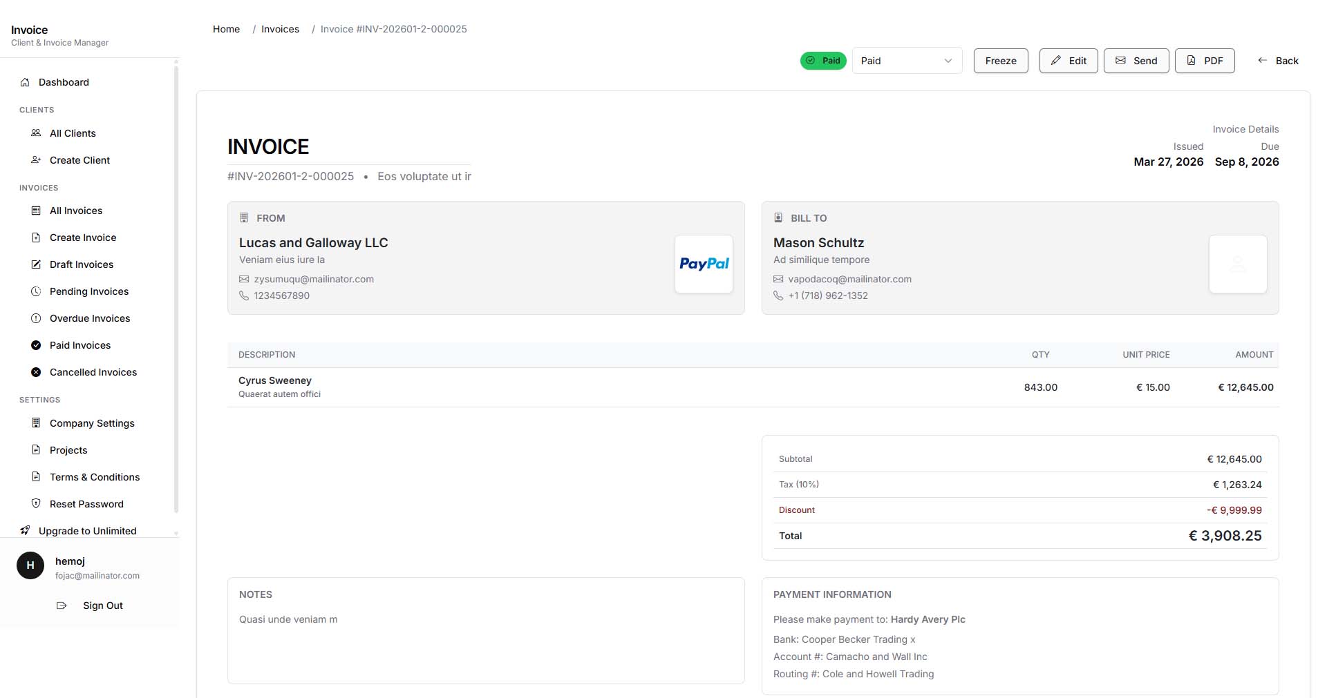 Audit trail in Invoice by FluxWillow showing logged edits and status changes on an invoice